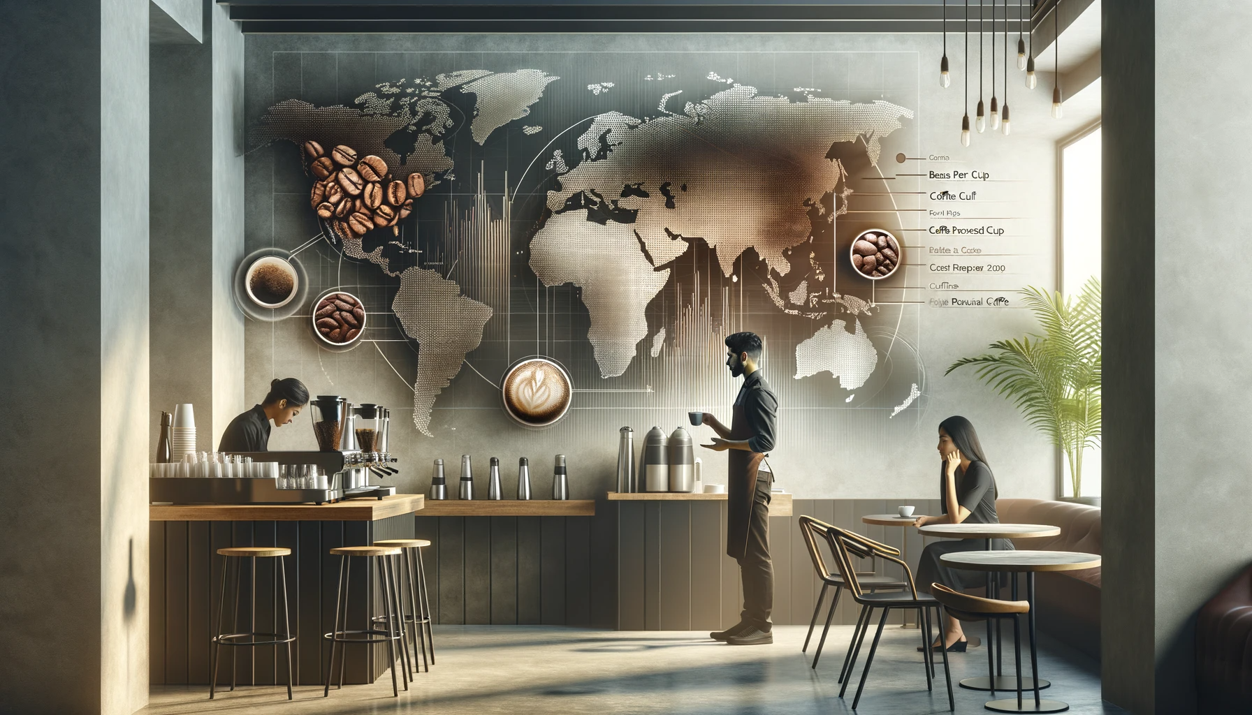 Contemporary coffee shop scene illustrating global coffee market trends and diverse customer base.