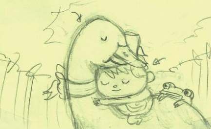 A pencil sketch of Greg on the back of a giant goose, hugging its neck happily.