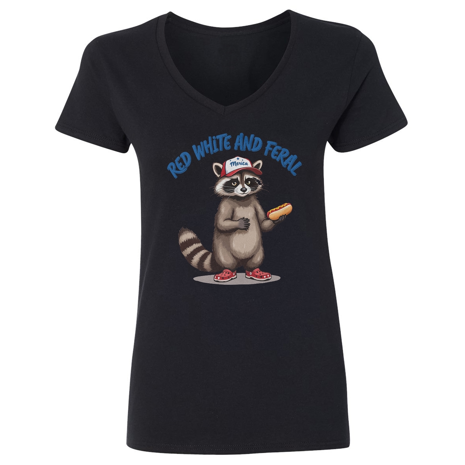 Raccoon Hot Dog Red White and Feral – 4th of July Ladies’ V-Neck Tshirt