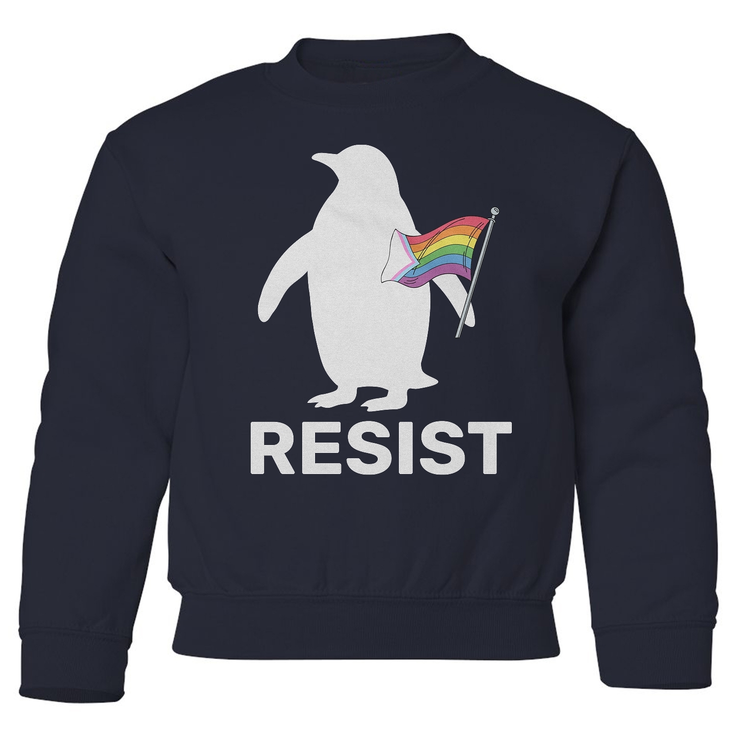 Penguin Resist Protest - LGBTQ Progress Pride Flag Youth Crewneck Sweatshirt - Picture 4 of 5