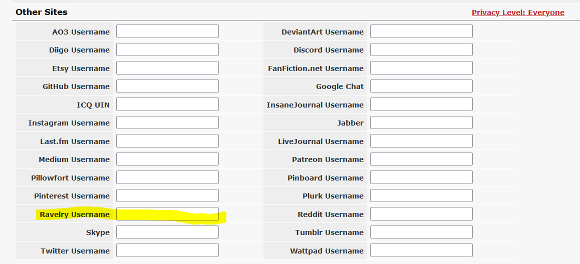 a screenshot of the section on dreamwidth where you can add your other socials, with ravelry marked in yellow