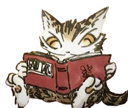 an illustration of wachifield the cat reading a book.