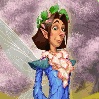 Official art of the Minister of Spring from the Tinkerbell movies, a sparrowman with brown hair in a bob, green eyes, and a formal floral outfit.