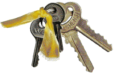 A ring of keys with a yellow ribbon.
