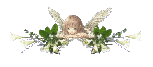 A banner of a girl angel with long hair, her arms folded over a design made of white trumpet flowers and green leaves.