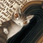 A square cropped image of Wachifield, an illustrated cat, looking over its shoulder. It is in front of a wide, dark archway, bordered by illegible text.