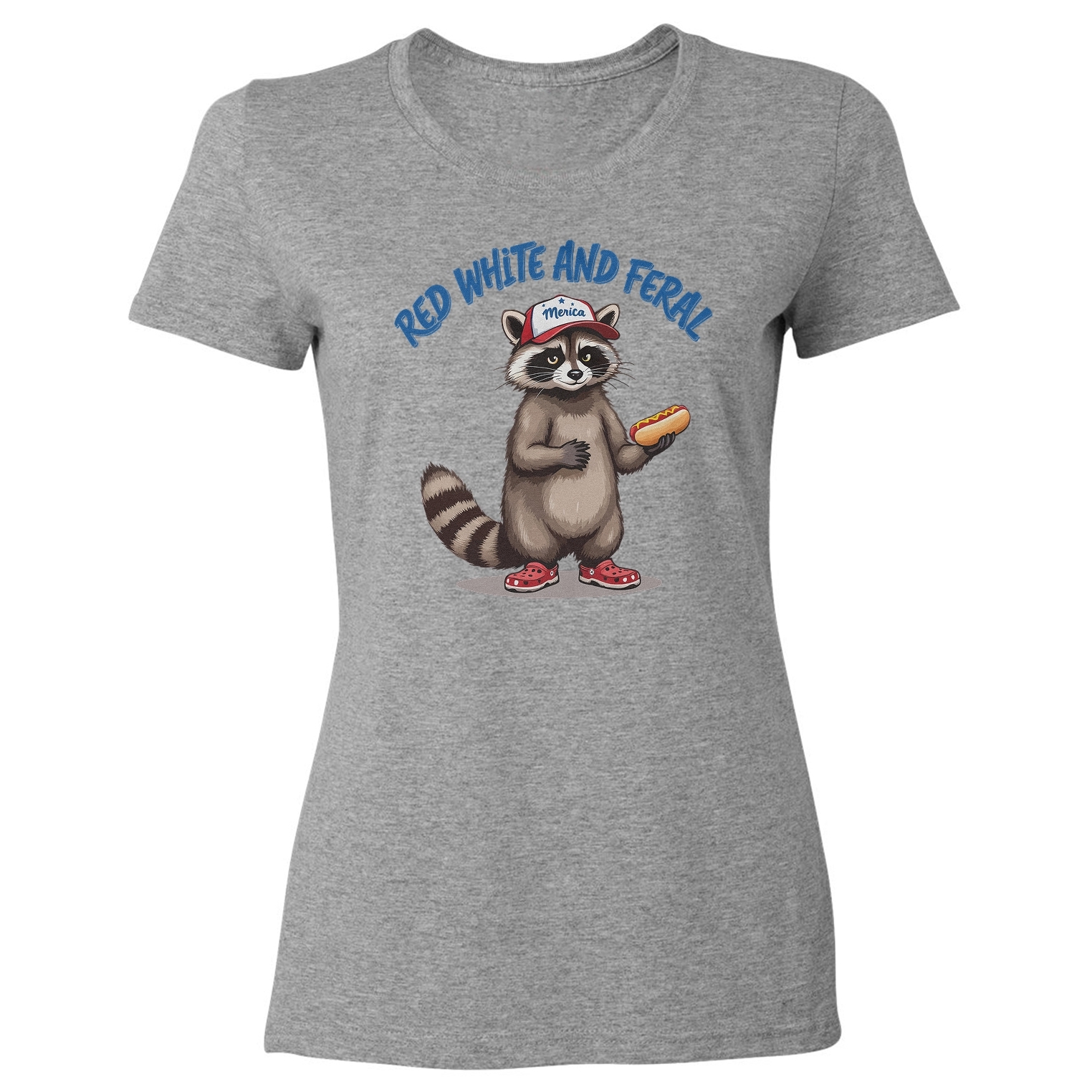 Raccoon Hot Dog Red White and Feral – 4th of July Ladies’ Crewneck T-Shirt