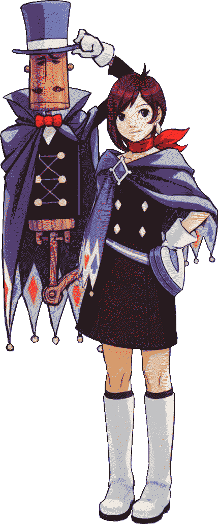 Trucy Wright from Ace Attorney, posing with her puppet, Mr. Hat.