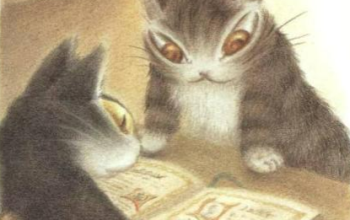 an illustration of wachifield the cat reading a book with another cat.