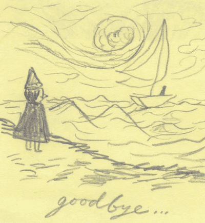 A pencil sketch on a sticky note showing Wirt standing on a grassy shore, looking at the roiling sea ahead. There are wind lines in the sky, and he appears to be looking at a simple sailboat, aboard which the silhouette of a figure is visible. It is captioned, in cursive: 'goodbye...'.