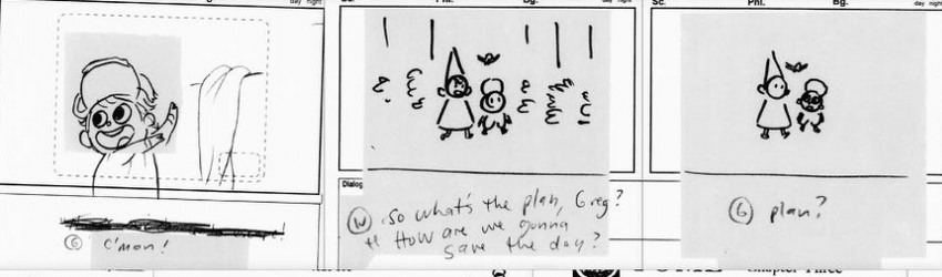 A crude series of thumbnails showing Wirt and Greg walking in Schooltown Follies, during the scene where they march off into the woods without a plan.