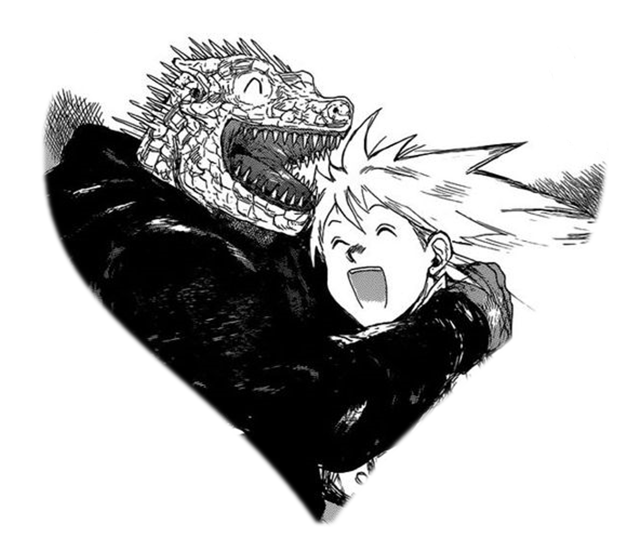 Kaiman and Nikaido from Dorohedoro hugging.