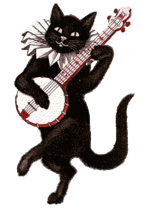 A transparent image of vintage Halloween art depicting an anthro black cat wearing a collar and dancing while playing a banjo.