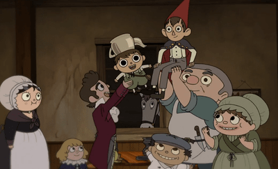A screencap from episode four showing the patronage of the tavern holding Wirt and Greg up above their heads; everyone is cheering.