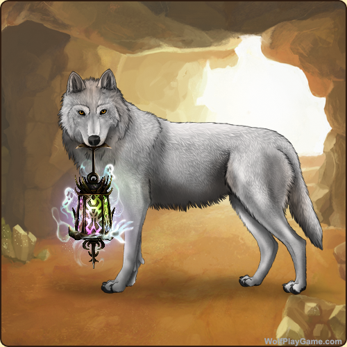 White wolf holding vessel containing glowing souls with cave background.