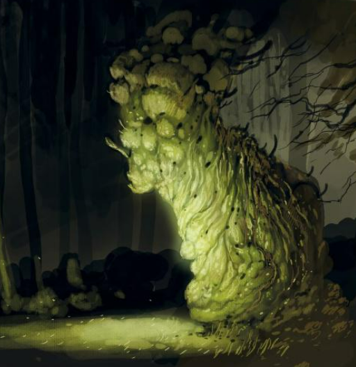 A digital concept for the Edelwood trees, depicting them as bulbous, twisted green growths.