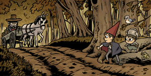 A comic panel showing Wirt, Greg, and Beatrice hiding behind trees, apparently preparing to ambush a man atop a horse-drawn cart which is transporting hay.