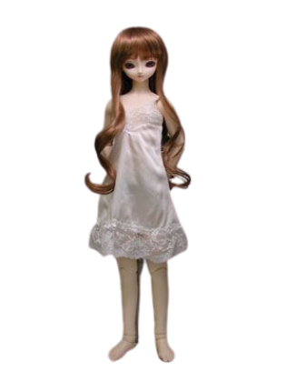 A png of a doll. She is wearing nothing but a simple white slip dress. She has long brown hair, heavy bangs, and an anime style face. She has articulated knees and ankles. Her arms are crossed behiind her back.