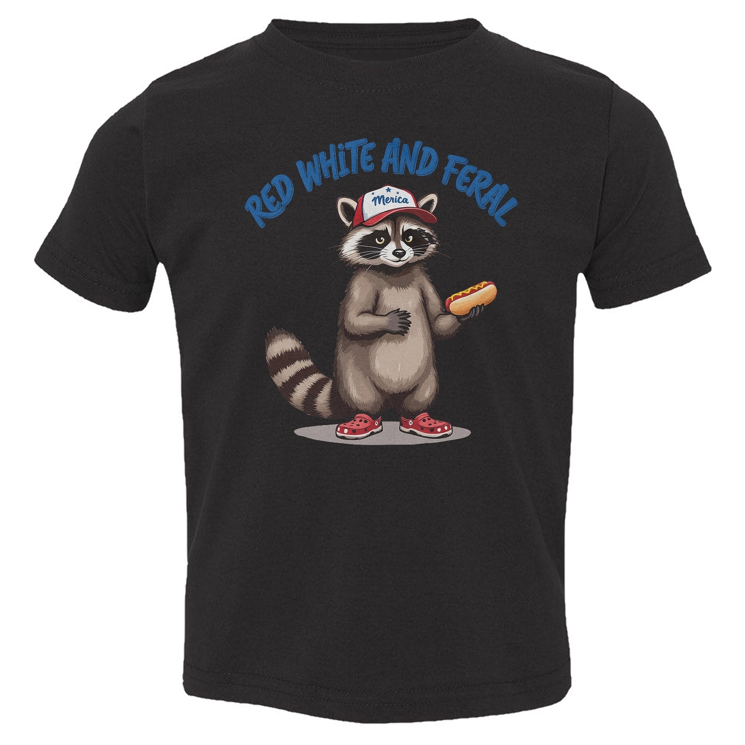 Raccoon Hot Dog Red White and Feral – 4th of July Toddler T-Shirt