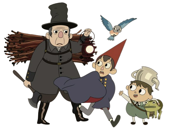 A transparent image of Wirt, Greg, Beatrice, and the Woodsman. The Woodsman is holding his lantern and is looking annoyedly down at Wirt, who is running from him in fear. Greg is standing off to a side, his frog under one arm, waving happily at the Woodsman. Beatrice is flying above all of them.