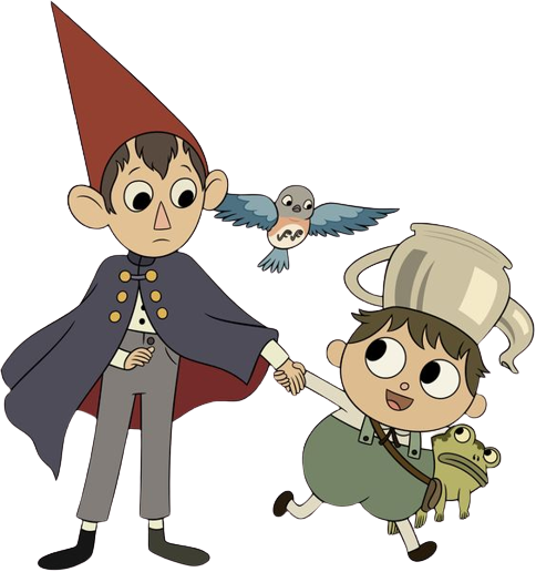 A transparent image of Wirt, Greg, and Beatrice. Greg is holding his frog under his arm and has taken Wirt's hand in his free hand. He's running happily, and Wirt is looking down at him, confused. Beatrice is hovering between the two.