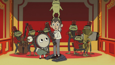 A screencap from episode six of Wirt and Greg playing with the band aboard the ship. Greg is 'disguised' as a drum.