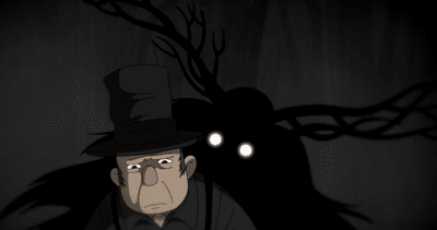 A screencap from episode ten of the Beast speaking to the Woodsman, who looks troubled, from behind.