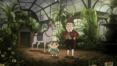 A screencap from episode five showing Greg, Endicott, and Fred the horse standing in Endicott's greenhouse.