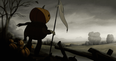 A screencap from episode two, showing a pumpkin man standing beneath a dreary, grey sky. He's overlooking a field and holding a pole to which a white flag has been tied.