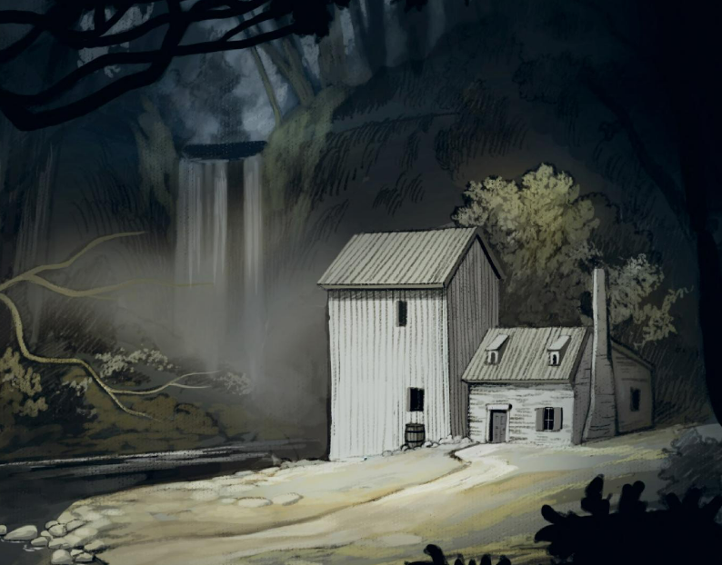 A painting of the grist mill, wreathed in mist. We can see a waterfall behind it.