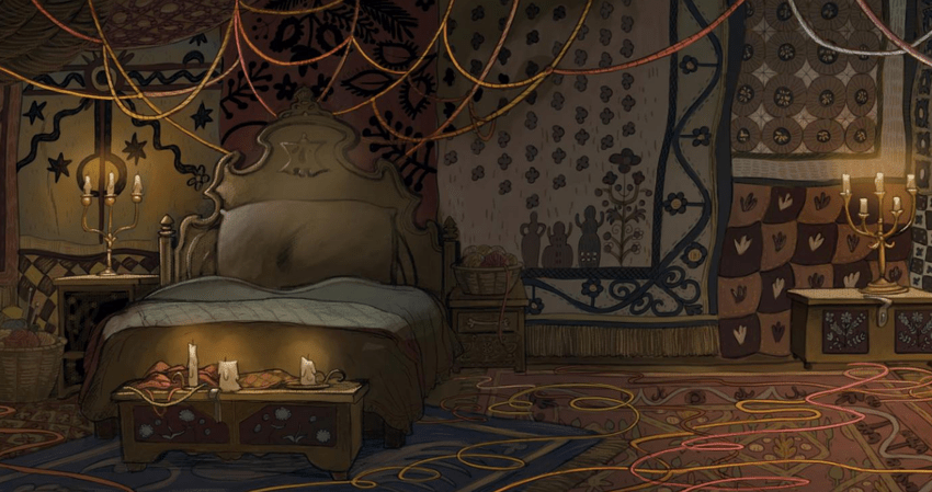 Adelaide's bedchamber, a cozy room filled with strings of yarn.