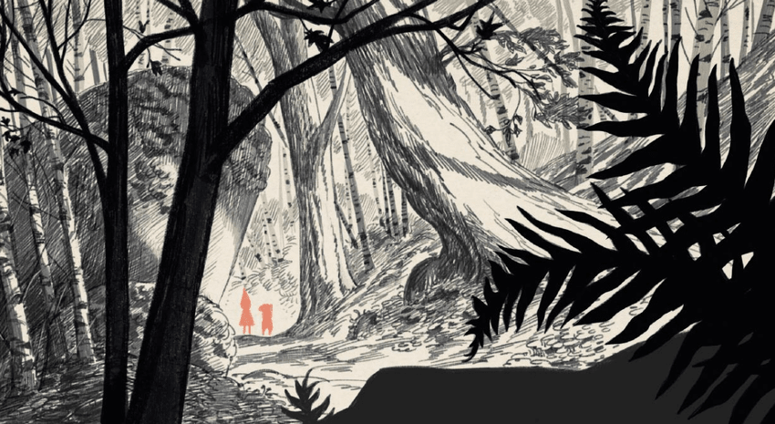 The red silhouettes of Wirt and Greg in a rich and detailed forest.