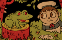 A colour test for Tome of the Unknown showing Greg in his sailor's uniform standing in foliage and looking at J. Bliss the frog, who is sitting on a stump, with a smile.