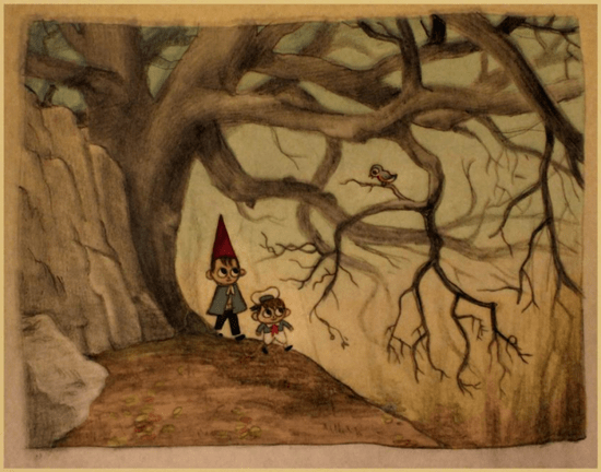 A traditional illustration of Wirt, Greg, and Beatrice. The trio appear to be cresting a hill upon which a large, bare tree stands. Its twisting branches take up most of the drawing, and Beatrice is perched on one of them. She and Wirt are looking at each other as Greg walks, dressed in a sailor's outfit instead of his canon garb. The entire image has a faint, dreamy air about it.
