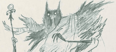 A pencil sketch concept art of the Beast, showing him as a furred creature with a man's stature but the vague silhouette of a devil. He is wreathed in a raggedy cape and is holding a staff in one thin hand. His eyes are round white circles, and his front teeth are long and thin.