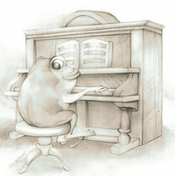 The album cover for Sketches of the Unknown, which is a pencil sketch of Greg's frog sitting at a piano with his back turned to the viewer. He's turned his head so the viewer can see his smile.