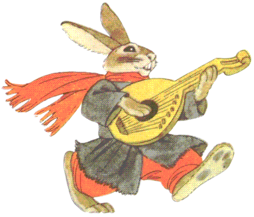 A dithered illustration of an anthropomorphic hare dressed in a blue coat, strumming a lyre. Its long red scarf flows out behind it. It is smiling.