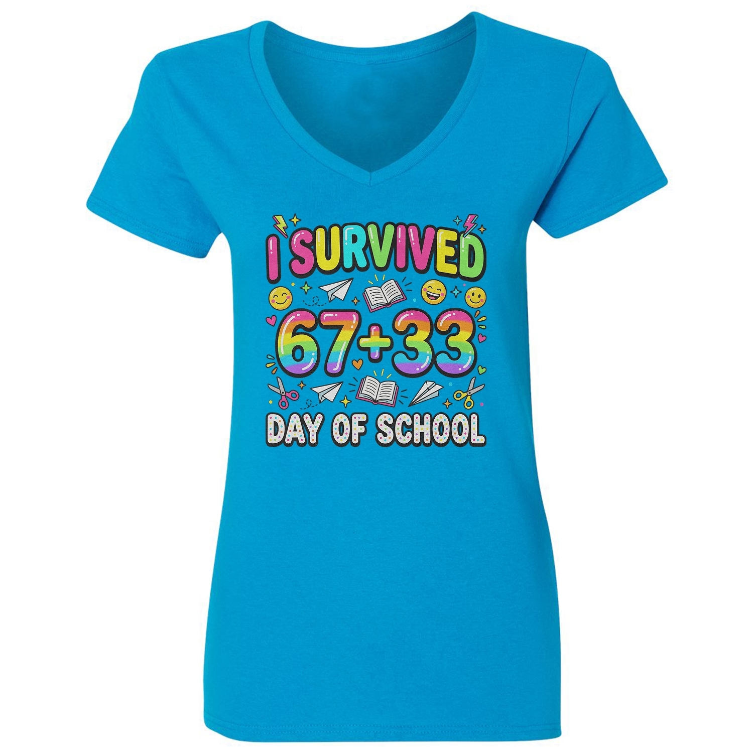 I Survived 67+33 Days of School - 6-7 Meme Rainbow Ladies' V-Neck