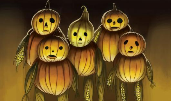 A digital illustration of five pumpkin people leering at the viewer.