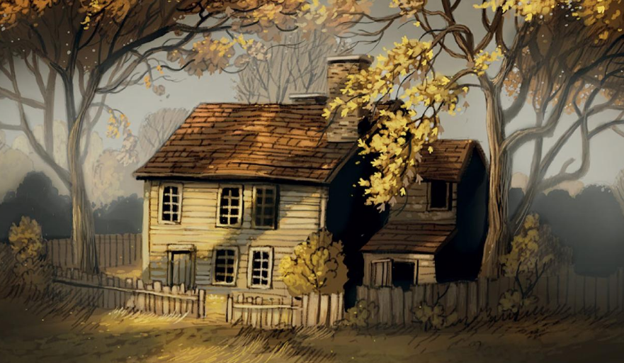 A digital illustration of an apparently abandoned house in a clearing.
