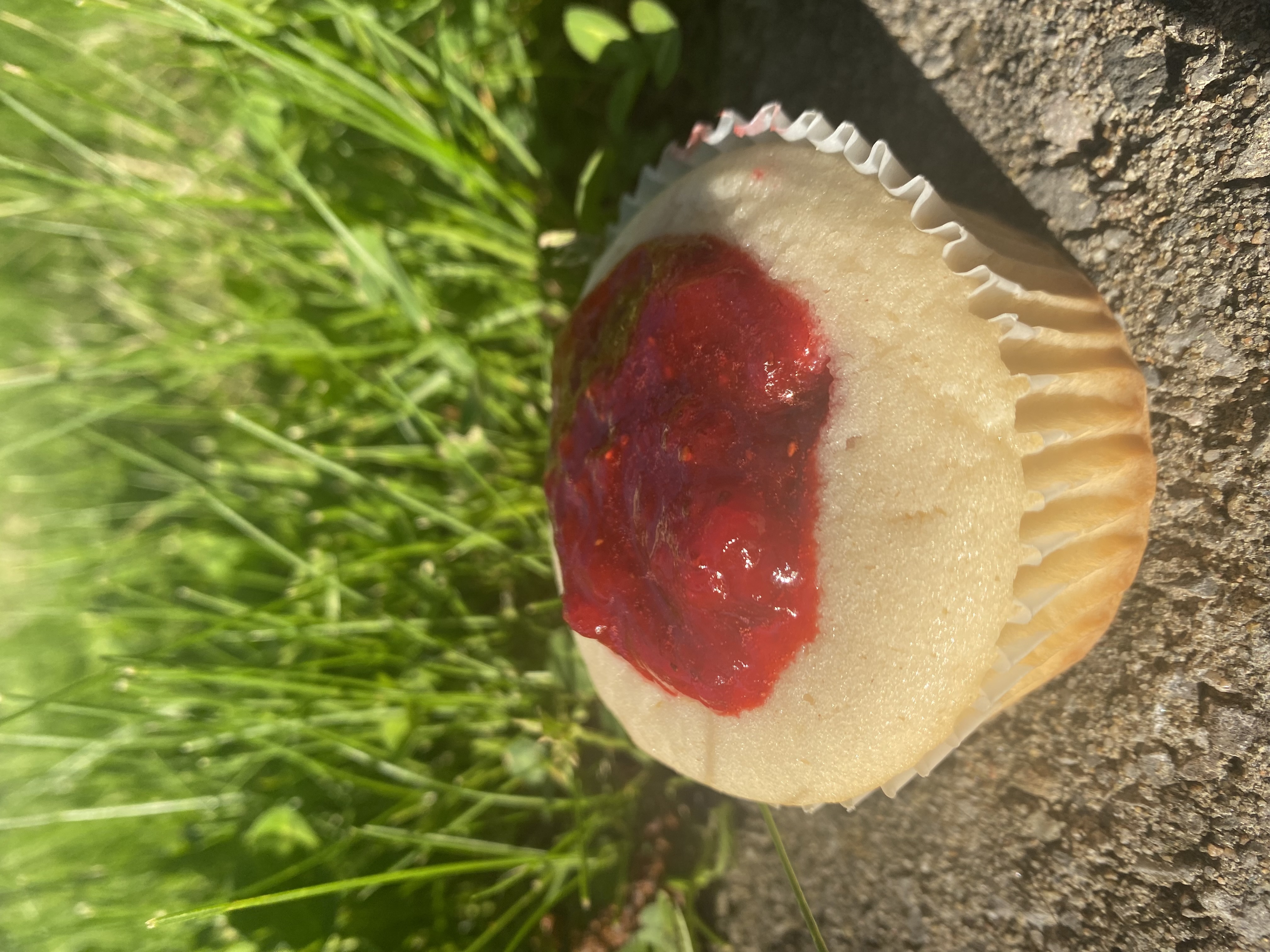 A single cupcake on a grassy background. It's plain white and the middle is filled with strawberry jam.