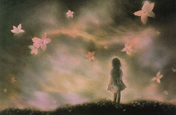 A drawing by Keiko Ajito of a girl in a dress standing on a hill and looking out at the sky, which is coloured in dull, swampy peaches and greens. Flowers float in the air.