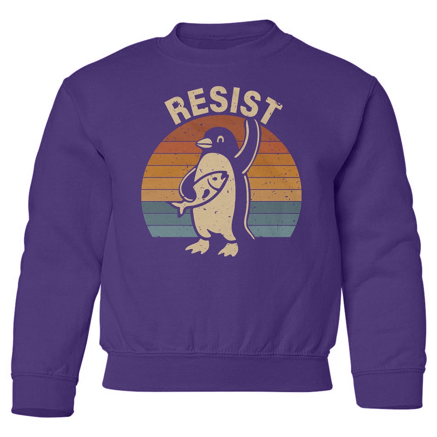 Resist Penguin Protest - Retro Anti-Tariff Funny Youth Crewneck Sweatshirt - Picture 6 of 7