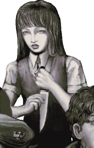 Art of Samarie clutching a knife to her chest.