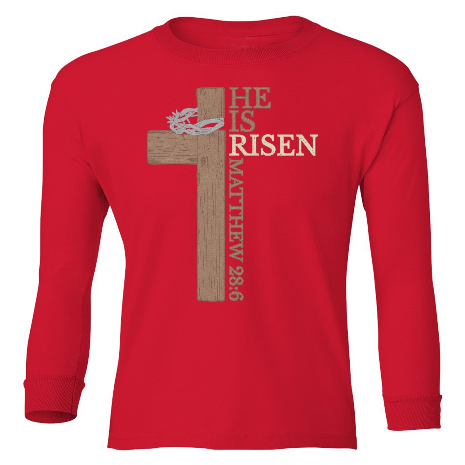 He Is Risen – Matthew 28:6 Cross Easter Design Youth Long Sleeve T-Shirt - Picture 9 of 10