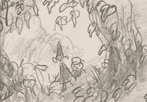A pencil sketch concept art of Wirt and Greg, drawn mostely as crude shapes, trekking through the forest.