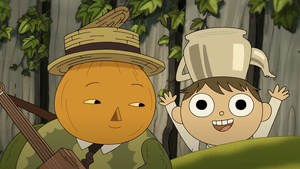 A screencap from Tome of the Unknown showing Greg throwing his arms in the air with delight as John Crops, a vegetable man with a pumpkin for a head smiles at him.