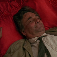 A screenshot of Columbo laying down on a red pillow.