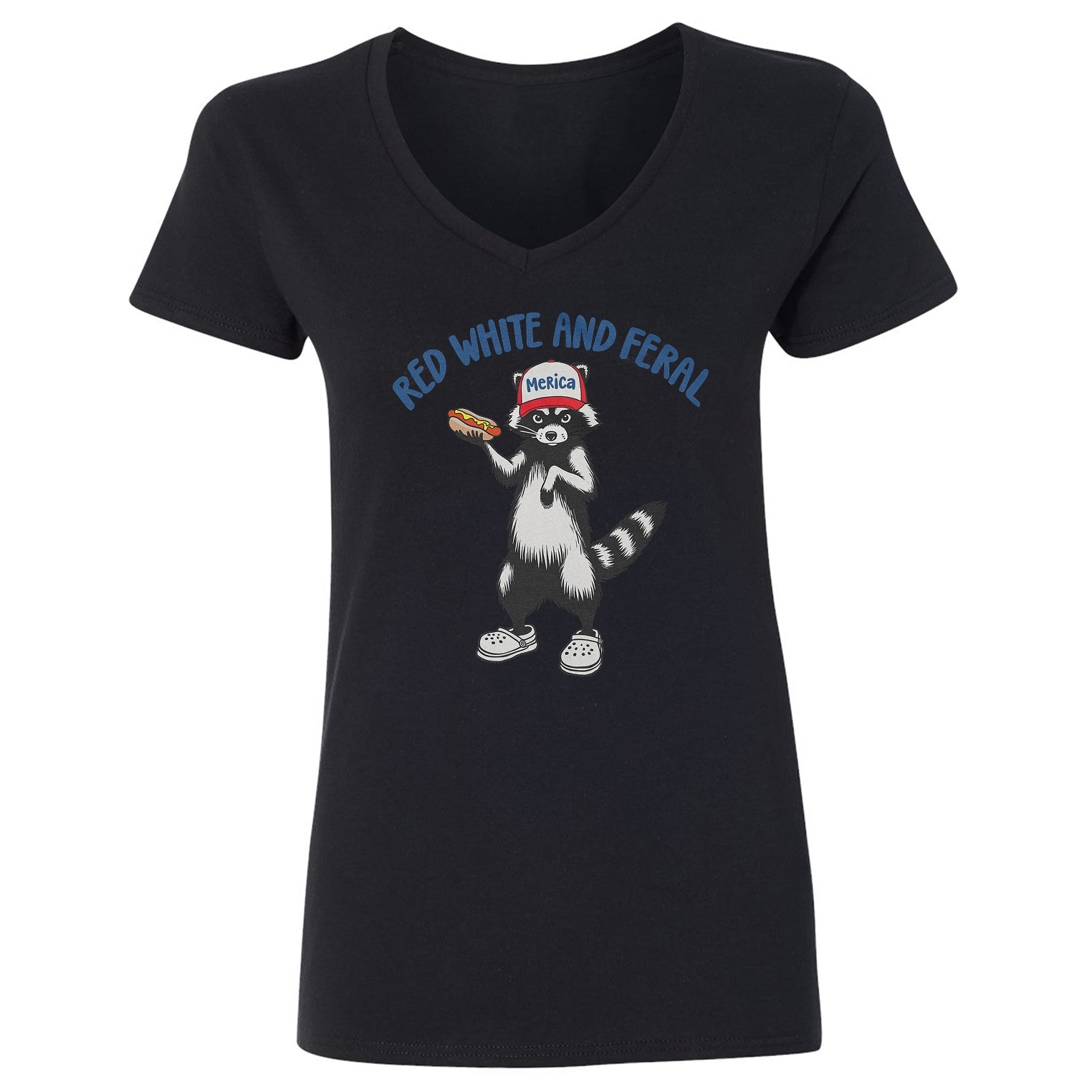 Red White and Feral Raccoon Hot Dog – 4th of July Ladies’ V-Neck Tshirt