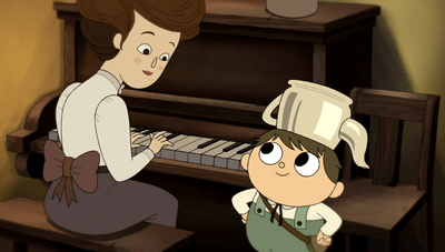 A screencap from episode three of Greg and Ms. Langtree smiling at each other as she plays piano.